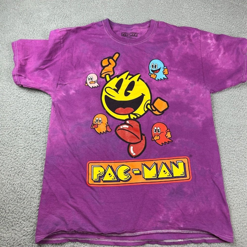 Pac-man Pac Man Shirt Adult Medium M Short‎ Sleeve Blue Tie Dye NAMCO Ghosts